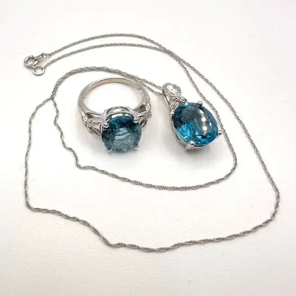 John C Rinker Blue Topaz 18K White Gold Pendant Necklace and Ring w Diamonds